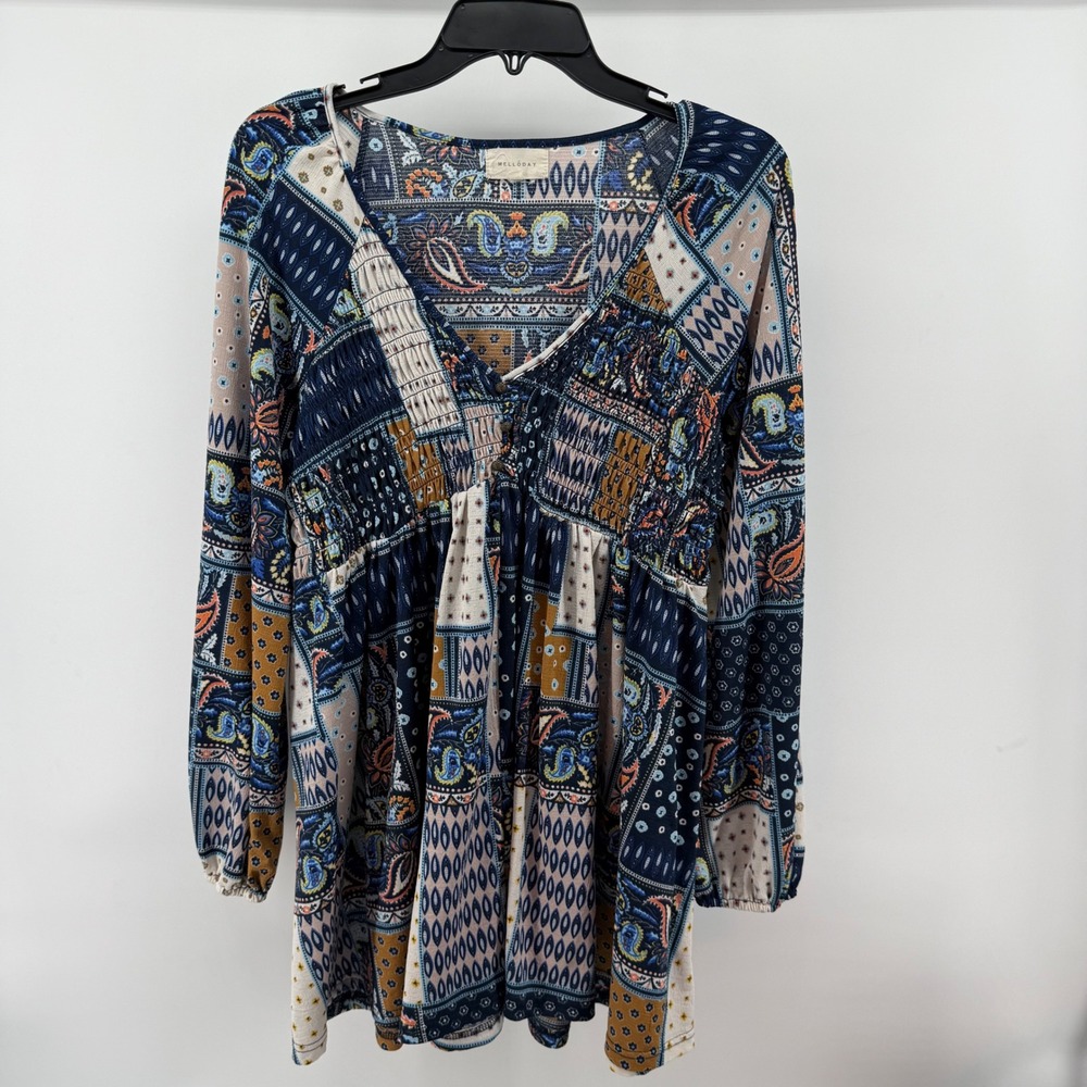 90s Y2K Melloday Women's Size‎ Medium Dress Patchwork Print Smocked Long Sleeve